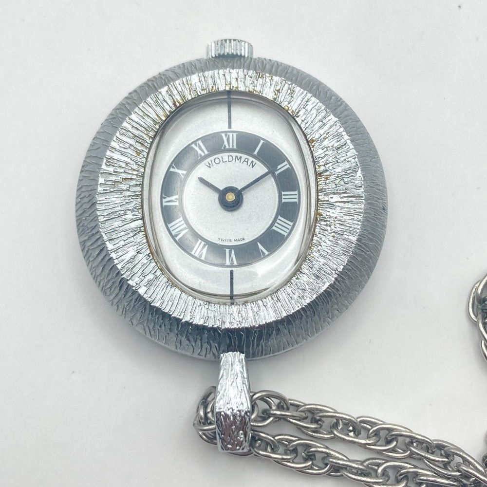 Vtg Woldman Necklace Pendant Watch Silver Tone Swiss Made 36mm Manual Wind Up